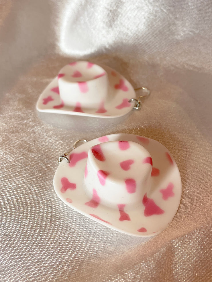 Cowboy Hat Earrings- Pink Cow Print