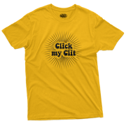 Mustard yellow tshirt with a feminist "click my click" pattern.