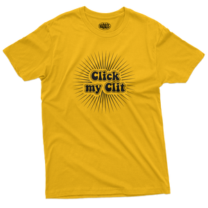 Mustard yellow tshirt with a feminist "click my click" pattern.