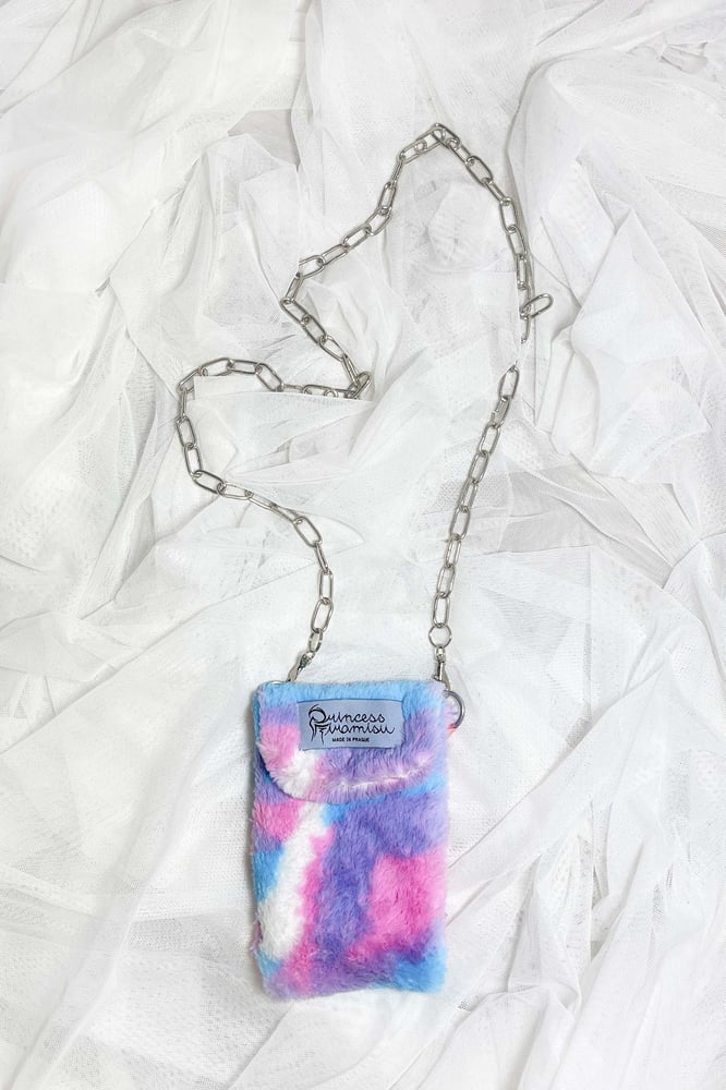 Small pink rainbow print purse for a phone or wallet.