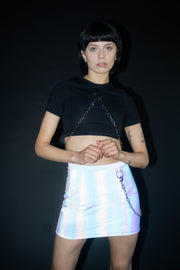 Black cotton cropped tshirt with o-ring hardware and a silver chain.