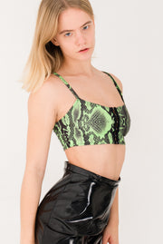 Green and black snake print crop top with a hook and eye closure.
