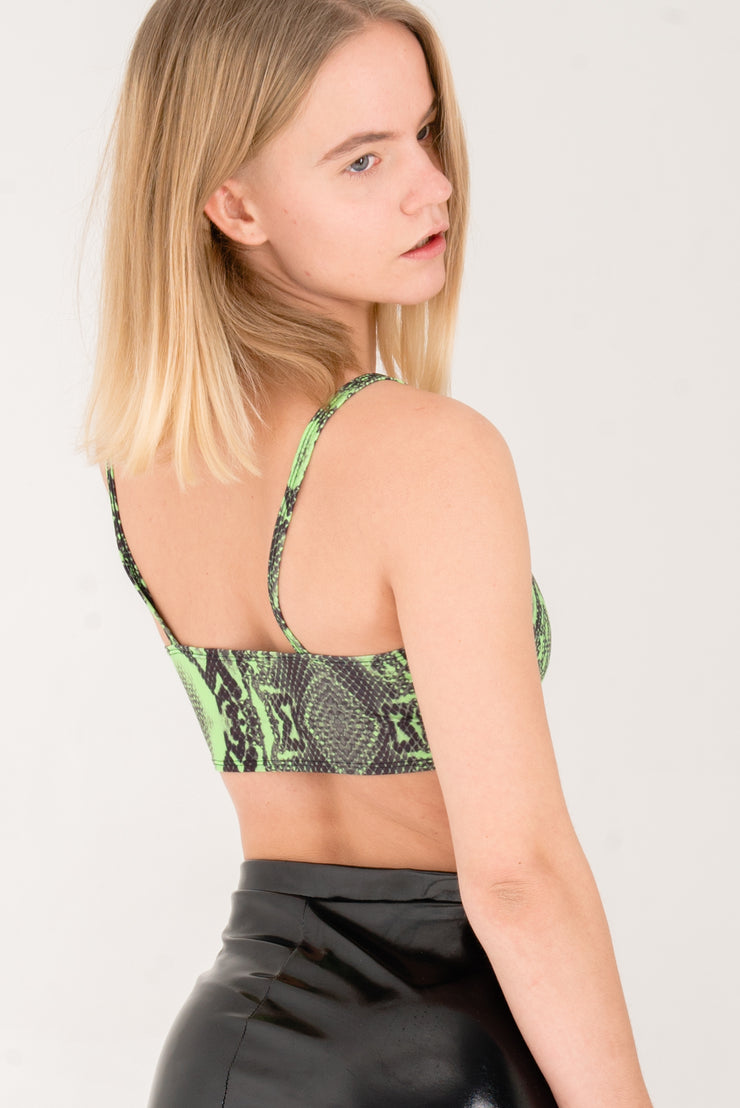 Green and black snake print crop top with a hook and eye closure.