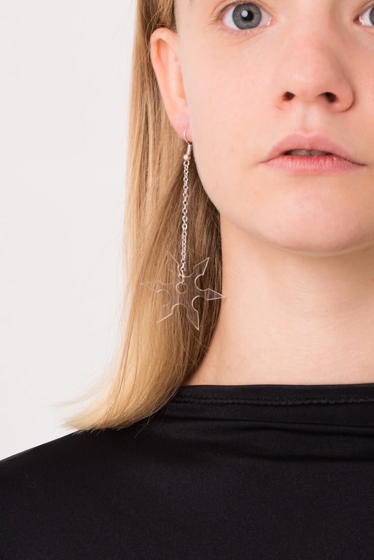 Clear earrings in the form of a ninja star with silver chains.