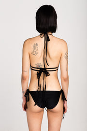 black bikini top with hardware and matching thong