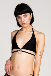 black bikini top with hardware and matching thong